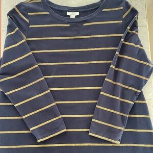 CHARTER CLUB Woman Weekend 2X long sleeve navy top glittery gold stripes high-lo